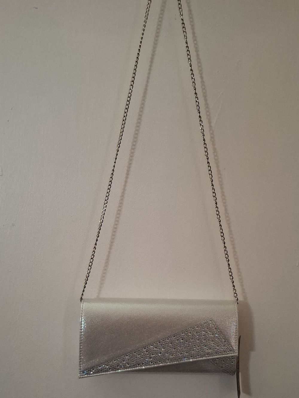 Silver Rhinestone-Accent Evening Clutch with Chain Strap